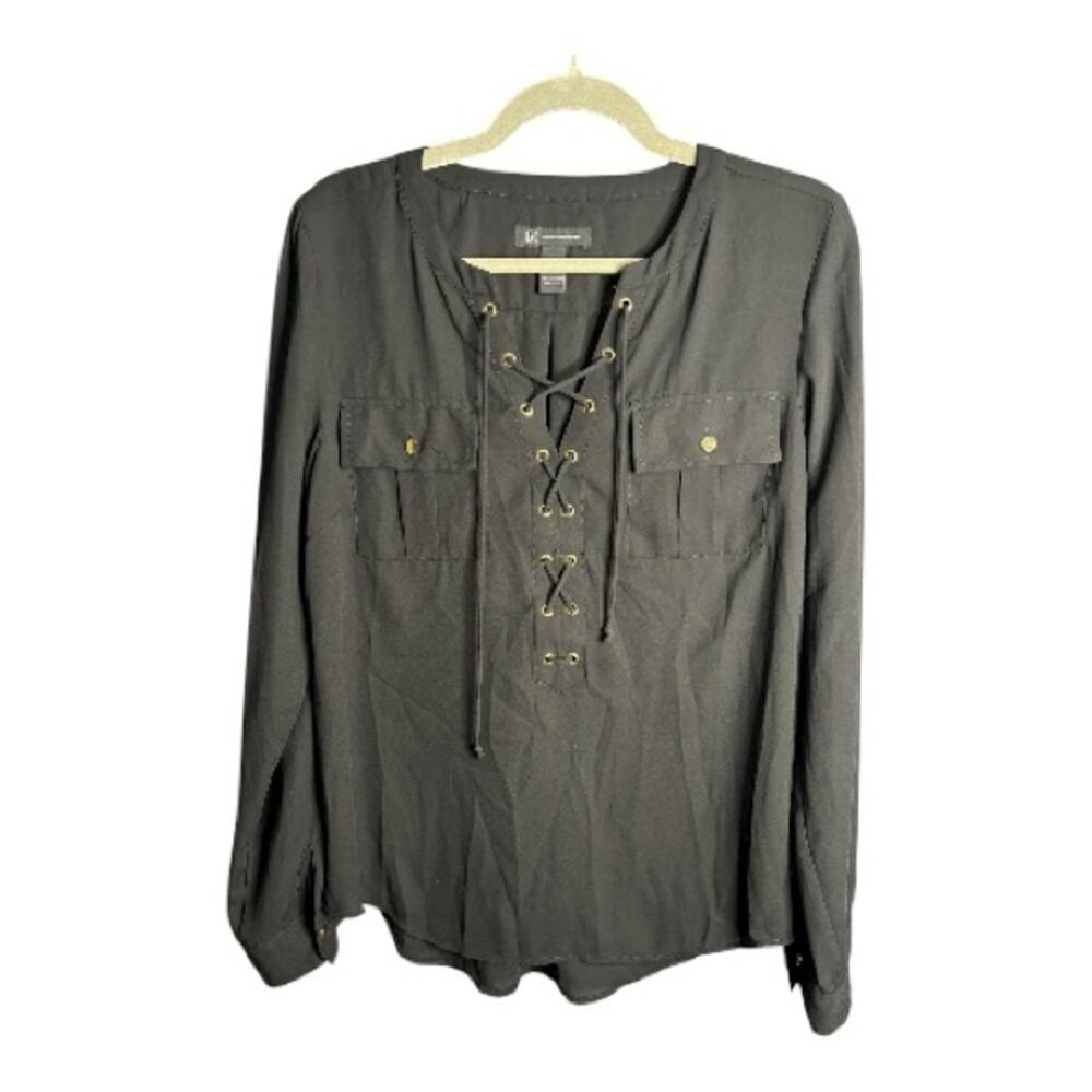 INC Black Long Sleeve Blouse Gold Grommet Tie Detail 8